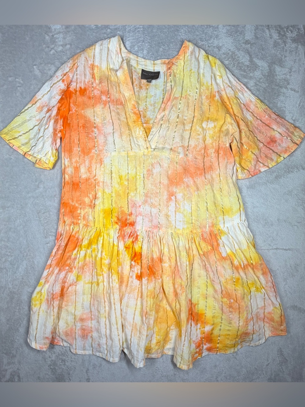 Bel Kazan Orange Yellow White Tie Dye gold Metallic Stripe Cotton Mini Dress L